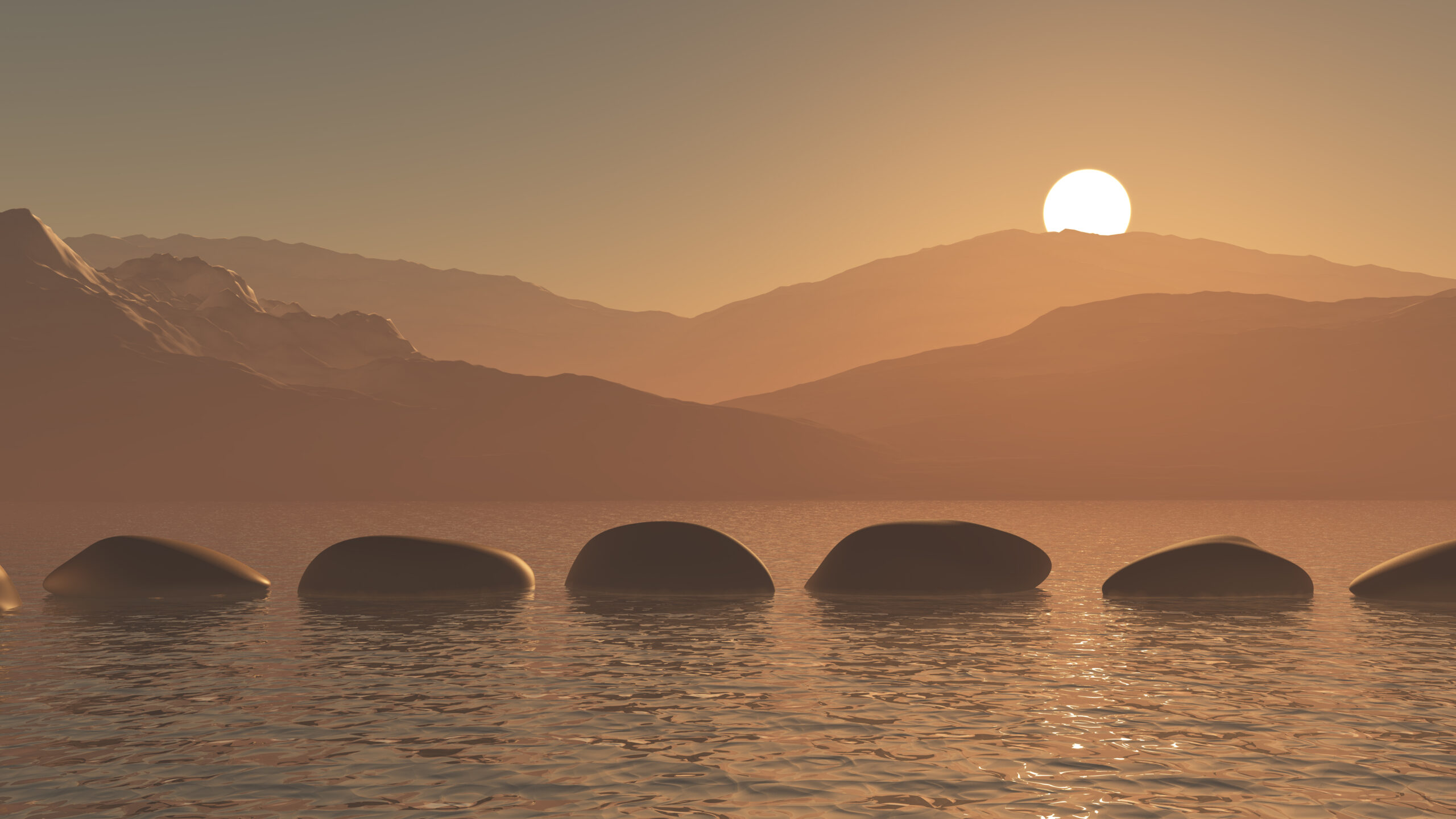 3D stepping stones in the ocean against a sunset mountain landsc