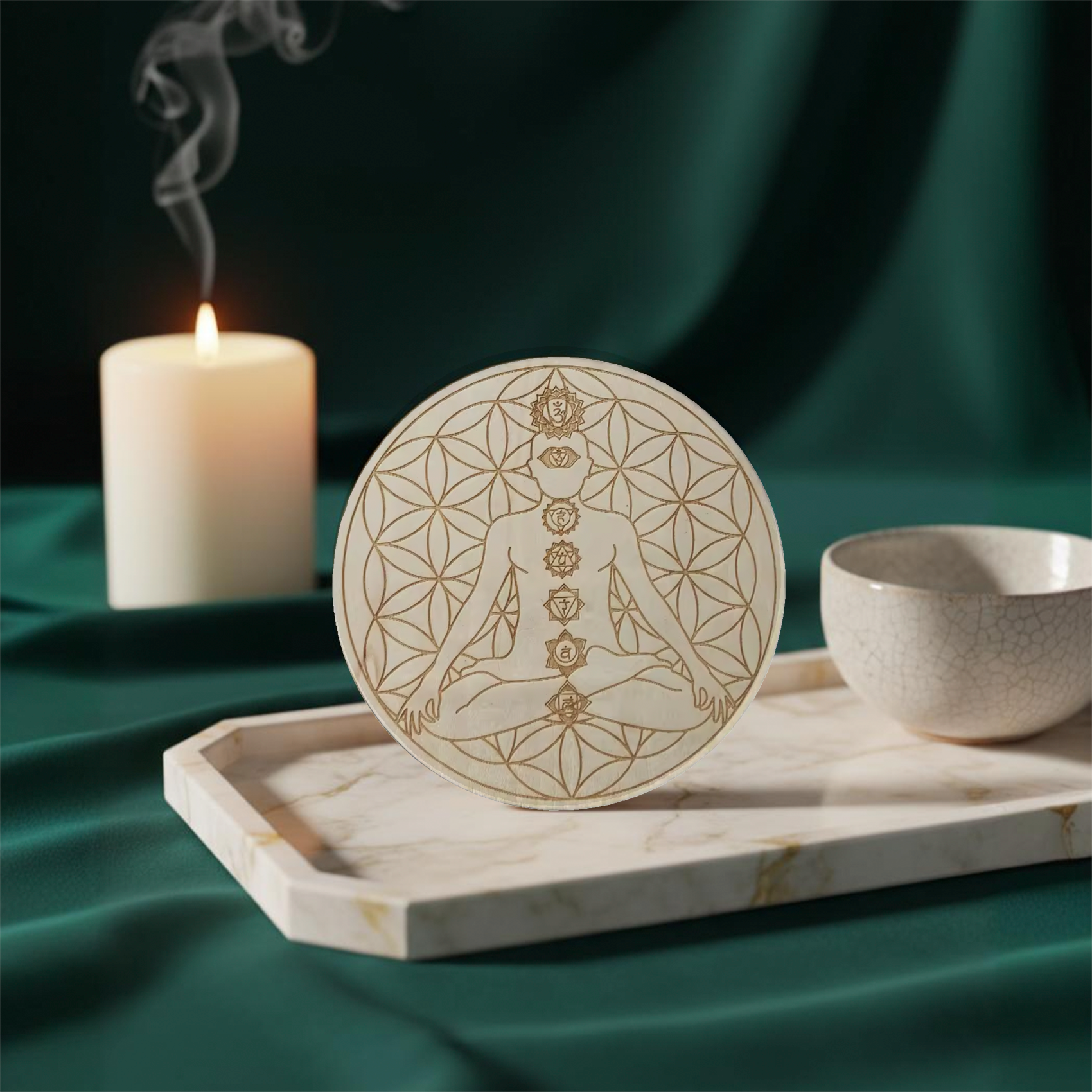 Dessous de verre 10 cm, fleur de vie et les 7 chakras