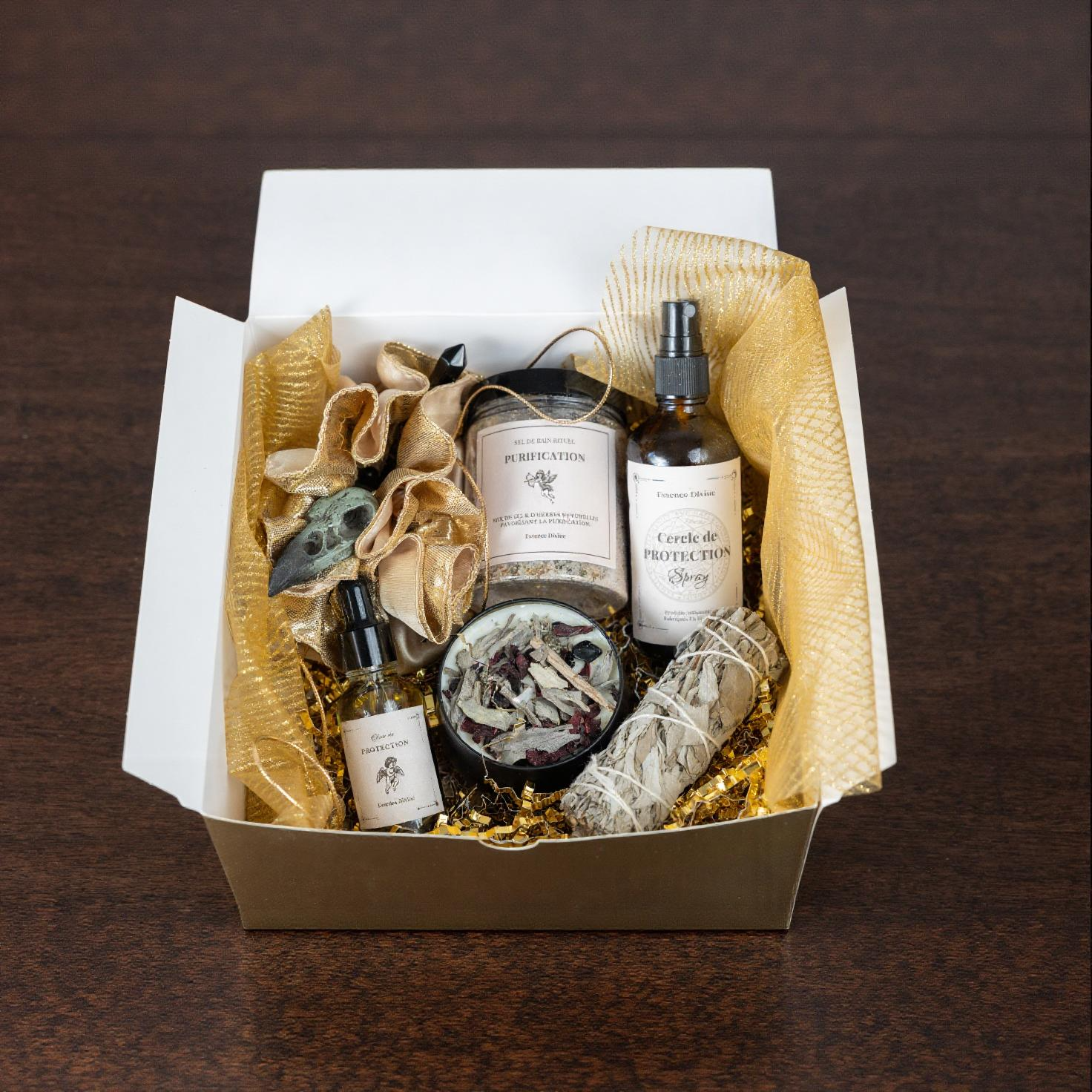 Coffret de Protection et de Purification / Élixir d'intention / Sauge / Sel rituel / Pendule obsidienne / Spray de purification